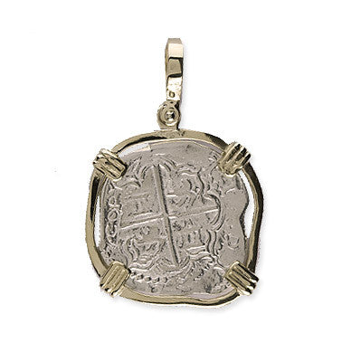 Atocha Re-creation Coin Pendant 2 Reales Double Prong in 14K Gold Mount