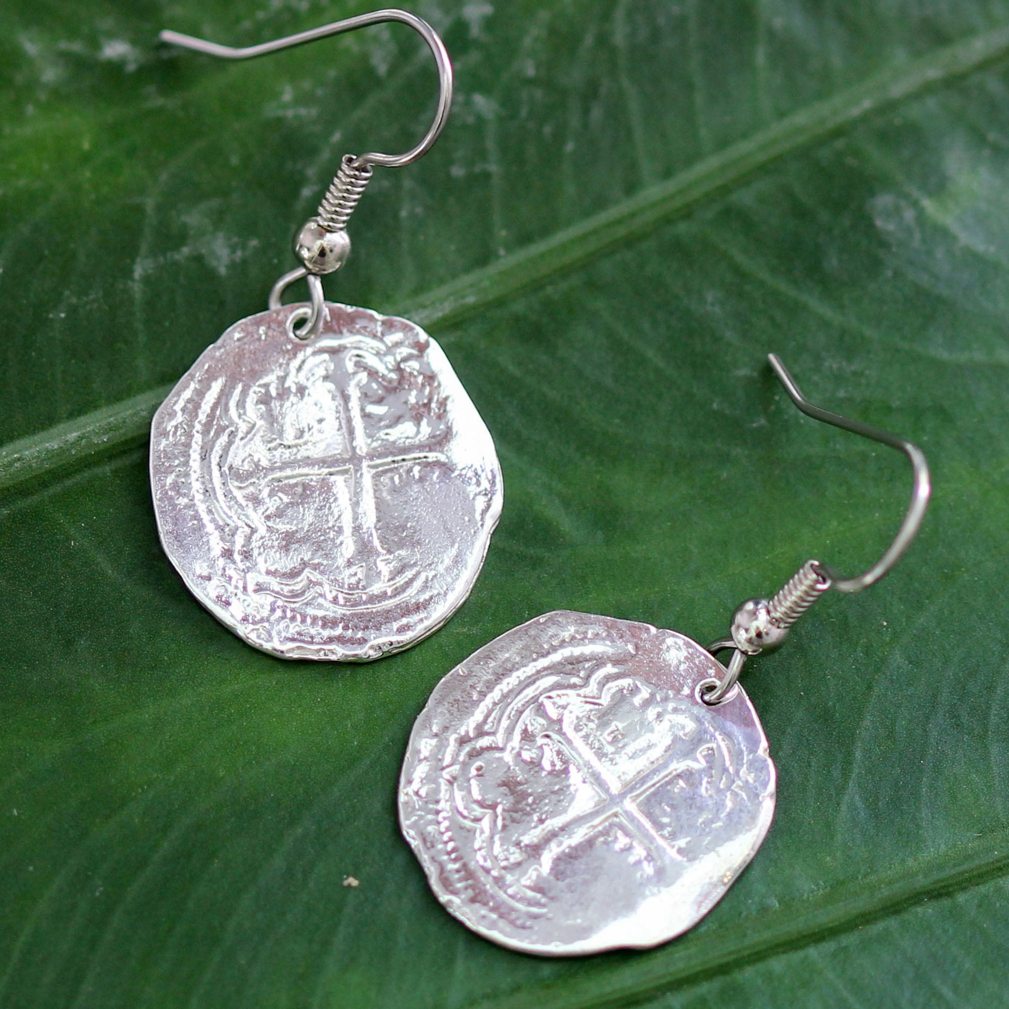 Atocha 1 Reale Silver Coin Earrings Cross Side | Taffi Fisher