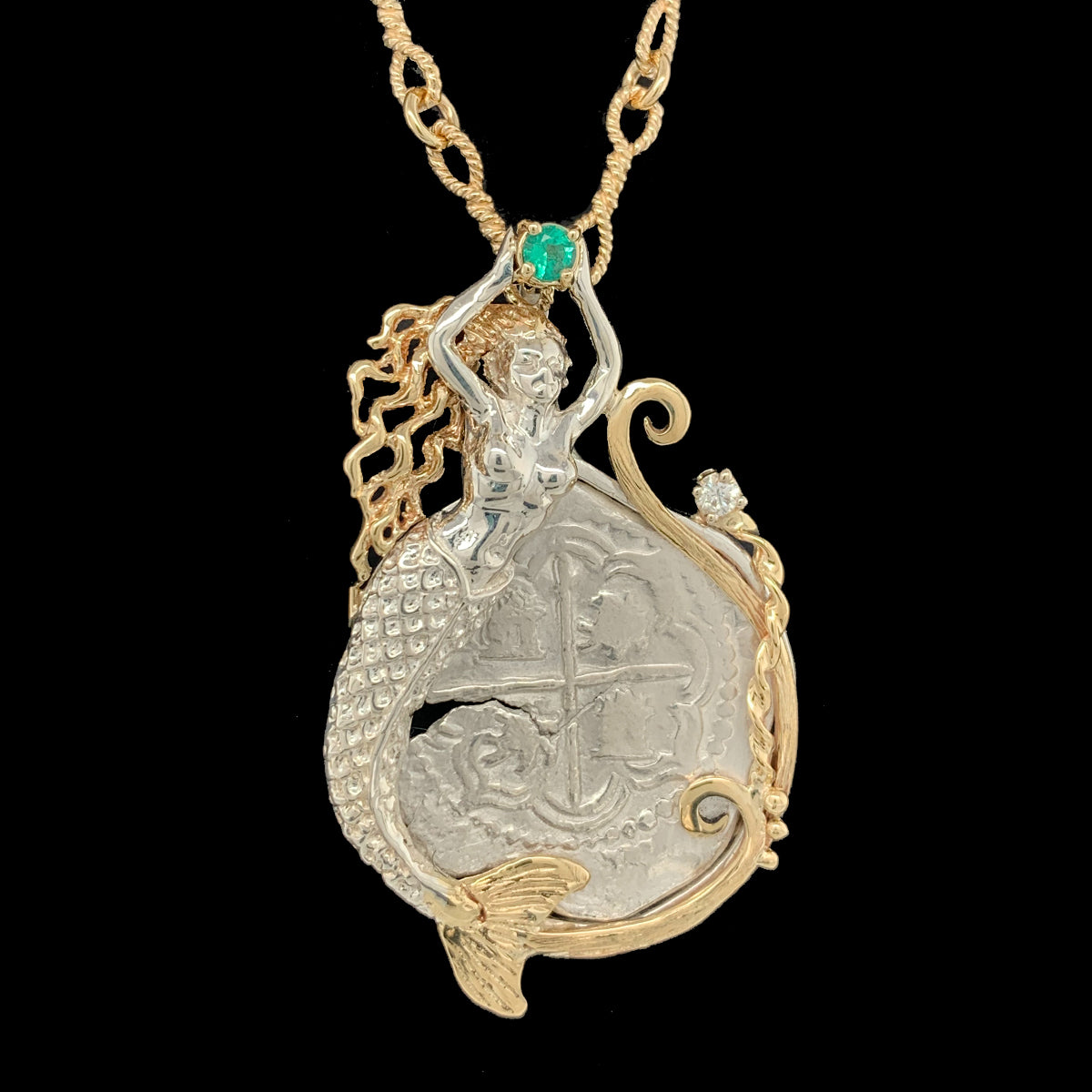MOUNT SAMPLE Two-Tone Sterling Silver Mermaid with Emerald in 14k Gold  mount for an Reales sized coin