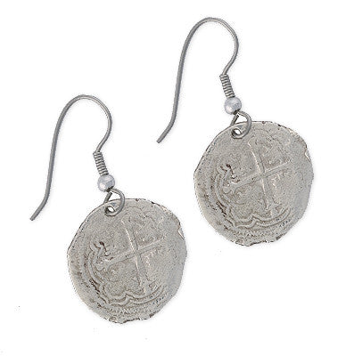 Atocha 1 Reale Silver Coin Earrings Cross Side | Taffi Fisher