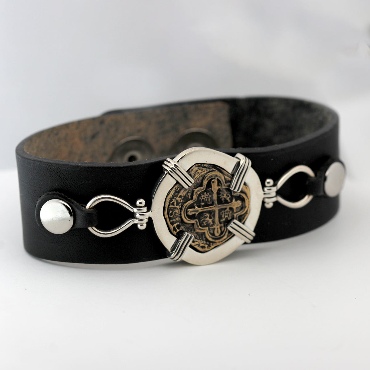 Atocha 4 Reales Black Leather Bracelet Sterling Silver | MFST