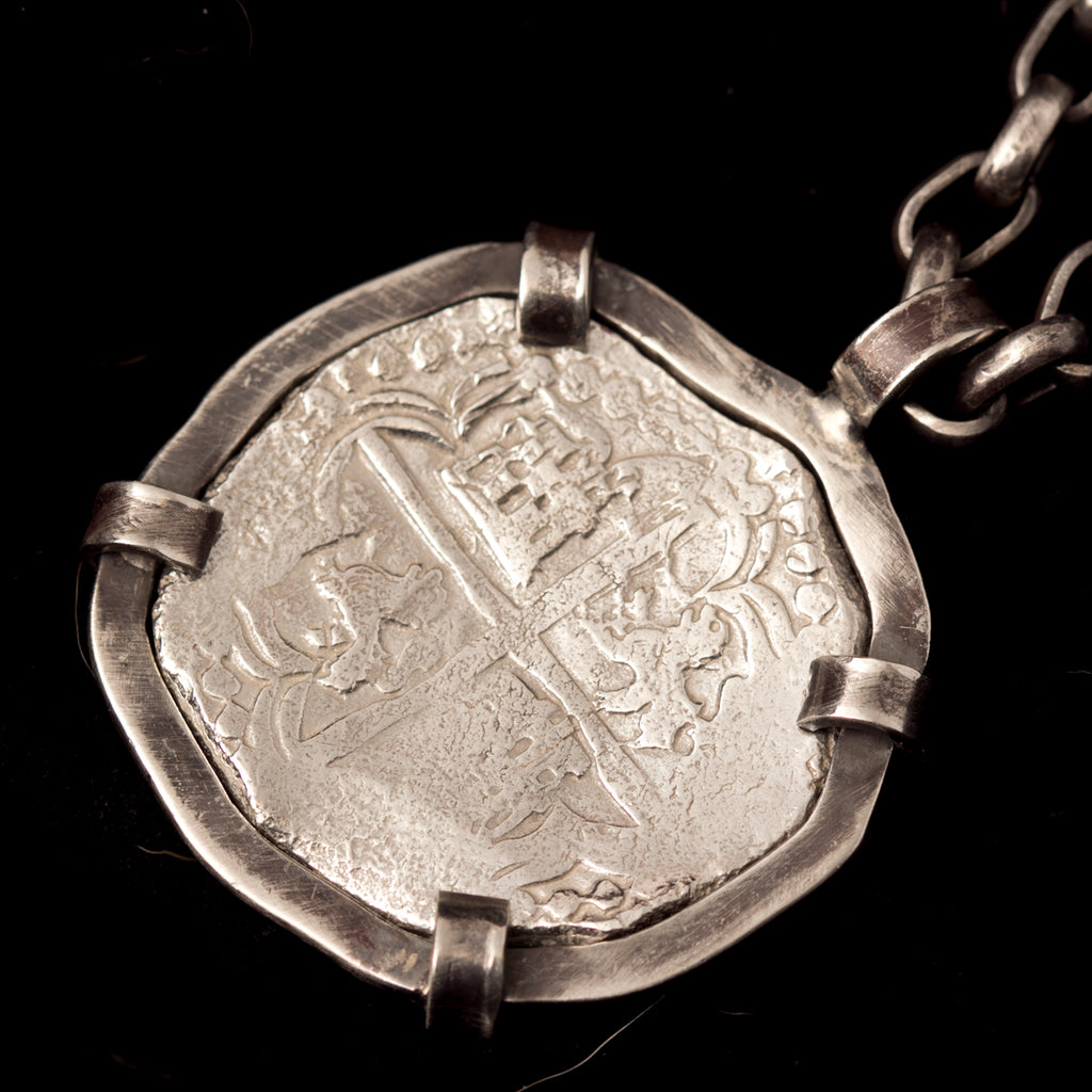 Authentic  Atocha  Silver Coin, Grade 1 , 8 Reales Mounted in Silver, Blue Sophia Designer Mount, E 0.5CT, D 0.42 
